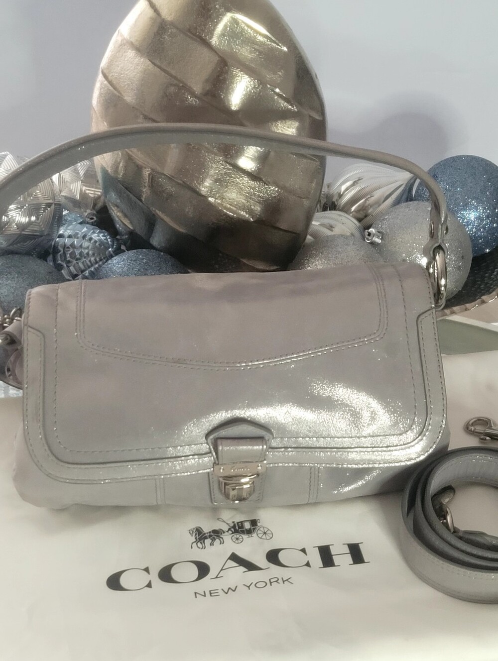 Coach Shimmer-Gray Leather Shoulder Crossbody Bag  2 Coach Hang Tags Good Cond